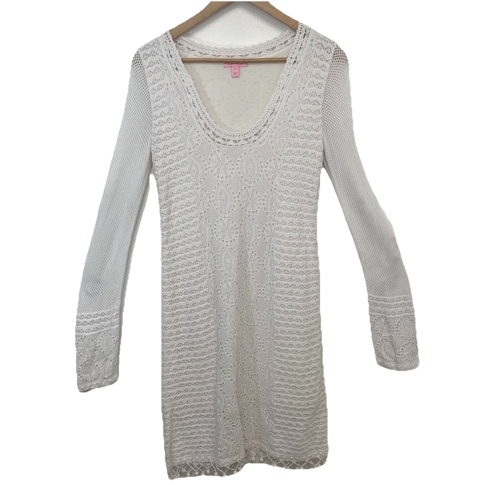 Lily Pulitzer White Crochet Dress Medium Scoop Neck Long Sleeve 100% Cotton